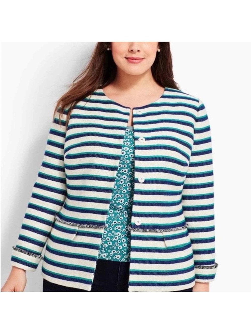 Talbots‎ Woman Striped Fringe Snap Front Blazer Jacket Sz 22 3/4 Sleeve Pockets